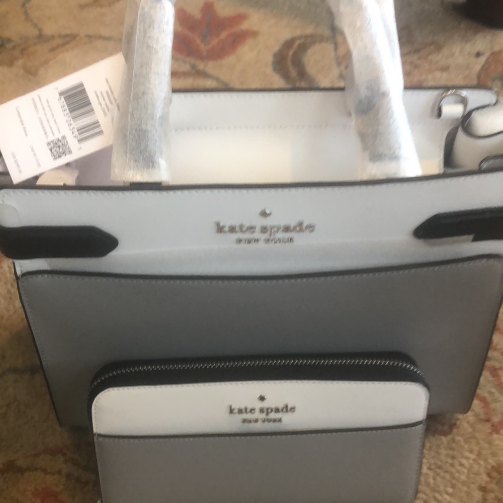 NWT ♠️ KATE SPADE handbag and matching wallet in light grey, white and black.